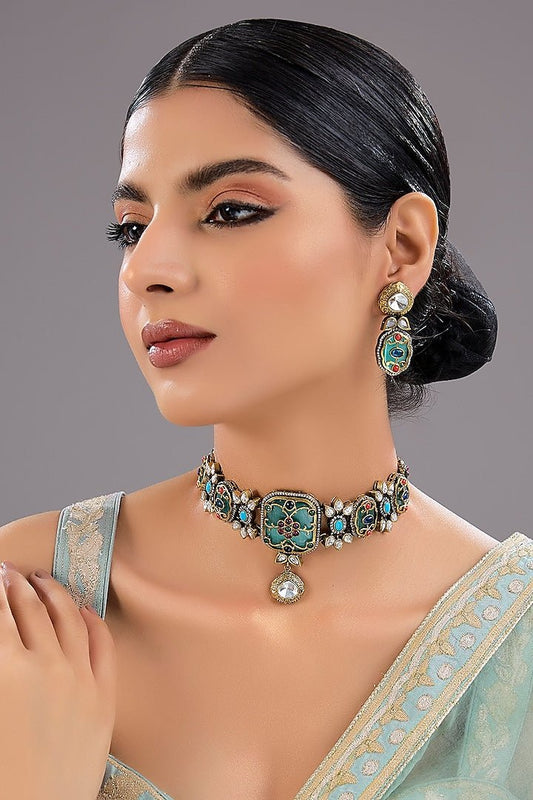 Gold Finish Kundan Polki & Green Stone Choker Necklace Set - Auraa Trends - Choker - Gold Finish Kundan Polki Necklace Set