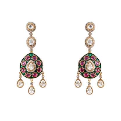 Gold Finish Kundan Polki Layered Necklace Set – Elegant Bridal Jewelry, Indian Necklace - Auraa Trends - Necklace -  - Auraa Trends - old finish kundan polki layered necklace with chandbali earrings Traditional kundan polki layered necklace set with gold finish Festive gold finish layered necklace with matching chandbali earrings Bridal kundan polki layered necklace and earrings set in mixed metal