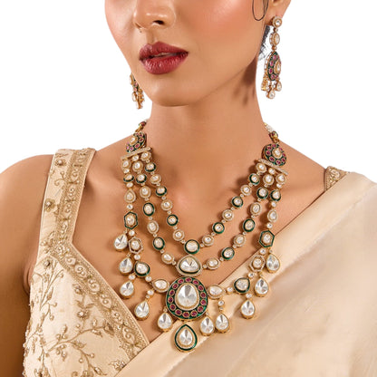Gold Finish Kundan Polki Layered Necklace Set – Elegant Bridal Jewelry, Indian Necklace - Auraa Trends - Necklace -  - Auraa Trends - old finish kundan polki layered necklace with chandbali earrings Traditional kundan polki layered necklace set with gold finish Festive gold finish layered necklace with matching chandbali earrings Bridal kundan polki layered necklace and earrings set in mixed metal