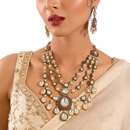 Gold Finish Kundan Polki Layered Necklace Set – Elegant Bridal Jewelry, Indian Necklace - Auraa Trends - Necklace -  - Auraa Trends - old finish kundan polki layered necklace with chandbali earrings Traditional kundan polki layered necklace set with gold finish Festive gold finish layered necklace with matching chandbali earrings Bridal kundan polki layered necklace and earrings set in mixed metal