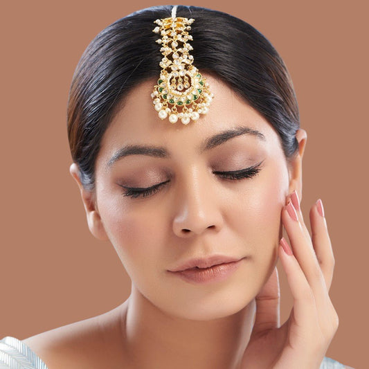 Gold Finish Kundan Polki Maangtikka - Auraa Trends - Maangtika - # - Auraa Trends - Gold Finish Kundan Polki Maangtikka
