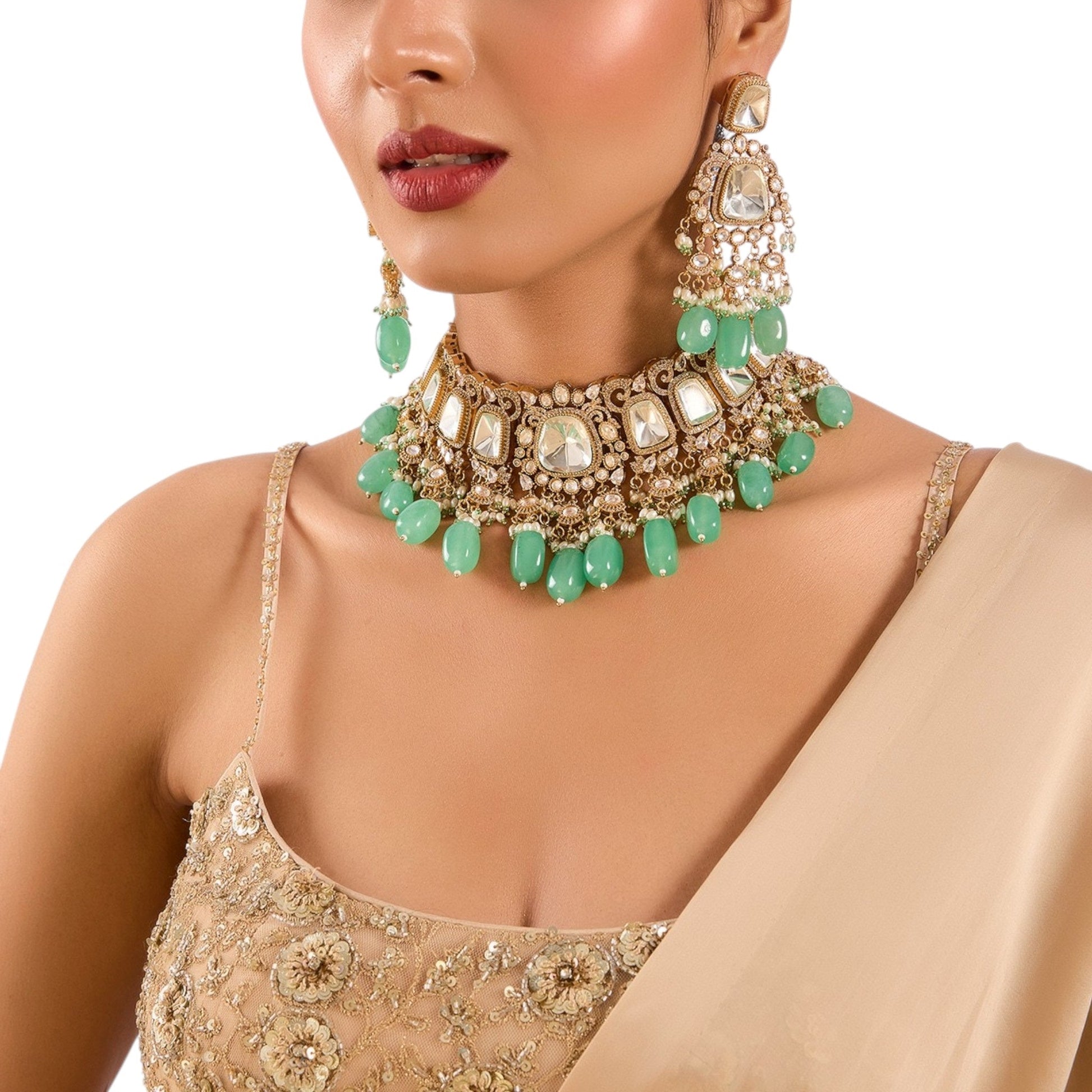 Gold Finish Kundan Polki & Mint Green Beaded Choker Necklace Set - Auraa Trends - Necklace -  - Auraa Trends - Gold Finish Kundan Polki Choker with Mint Green Beads Traditional Mint Green Bead Drop Choker Necklace Set Kundan Polki Bridal Choker Necklace with Matching Earrings Gold Choker Necklace Set with Mint Green Drops for Festive Wear