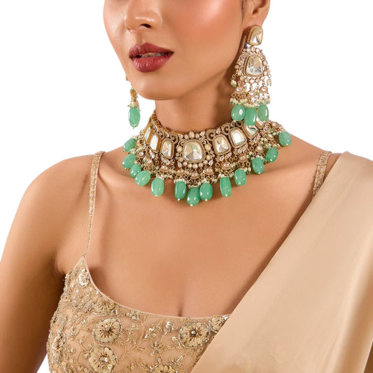 Gold Finish Kundan Polki & Mint Green Beaded Choker Necklace Set - Auraa Trends - Necklace -  - Auraa Trends - Gold Finish Kundan Polki Choker with Mint Green Beads Traditional Mint Green Bead Drop Choker Necklace Set Kundan Polki Bridal Choker Necklace with Matching Earrings Gold Choker Necklace Set with Mint Green Drops for Festive Wear