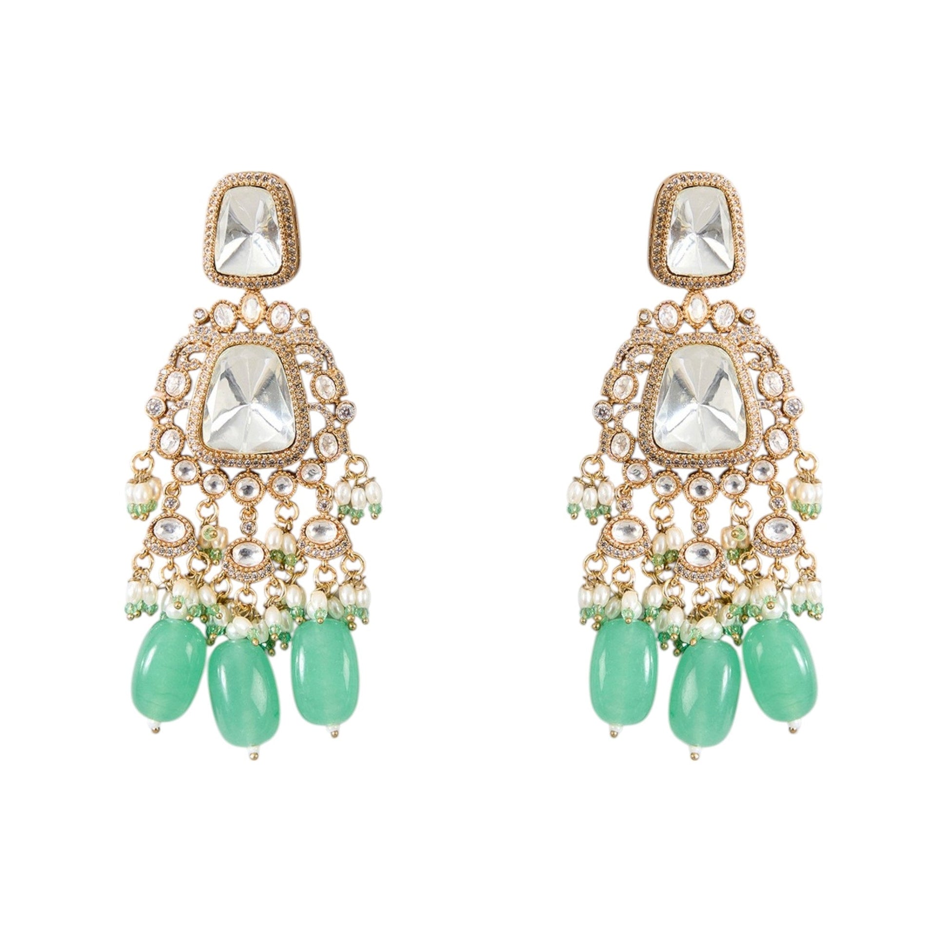 Gold Finish Kundan Polki & Mint Green Beaded Choker Necklace Set - Auraa Trends - Necklace -  - Auraa Trends - Gold Finish Kundan Polki Choker with Mint Green Beads Traditional Mint Green Bead Drop Choker Necklace Set Kundan Polki Bridal Choker Necklace with Matching Earrings Gold Choker Necklace Set with Mint Green Drops for Festive Wear