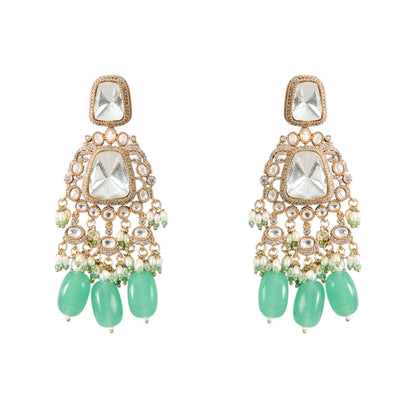 Gold Finish Kundan Polki & Mint Green Beaded Choker Necklace Set - Auraa Trends - Necklace -  - Auraa Trends - Gold Finish Kundan Polki Choker with Mint Green Beads Traditional Mint Green Bead Drop Choker Necklace Set Kundan Polki Bridal Choker Necklace with Matching Earrings Gold Choker Necklace Set with Mint Green Drops for Festive Wear