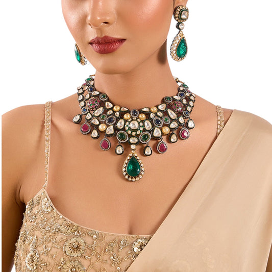 Gold Finish Kundan Polki & Multi - Colored Stone Choker Necklace Set - Auraa Trends - Necklace -  - Auraa Trends - Gold finish choker necklace with kundan polki and multicolored stones Multicolor kundan choker necklace set with dangler earrings Traditional Indian bridal necklace with kundan and gemstone detailing Festive kundan polki necklace set in gold with matching earrings