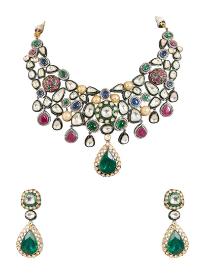 Gold Finish Kundan Polki & Multi - Colored Stone Choker Necklace Set - Auraa Trends - Necklace -  - Auraa Trends - Gold finish choker necklace with kundan polki and multicolored stones Multicolor kundan choker necklace set with dangler earrings Traditional Indian bridal necklace with kundan and gemstone detailing Festive kundan polki necklace set in gold with matching earrings