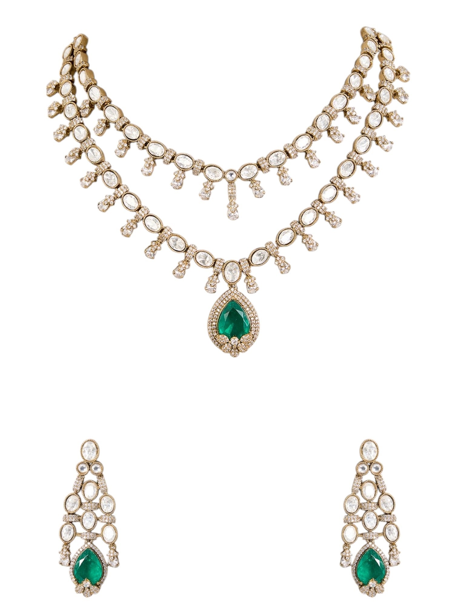 Gold Finish Kundan Polki Necklace Set with Emerald Green Drops – Bridal & Festive Jewelry - Auraa Trends - Necklace -  - Auraa Trends - Gold finish Kundan Polki necklace set with emerald green teardrop Indian bridal necklace with green drop and matching earrings Festive Kundan Polki jewelry set with emerald pendant Traditional gold plated necklace set with dangler earrings