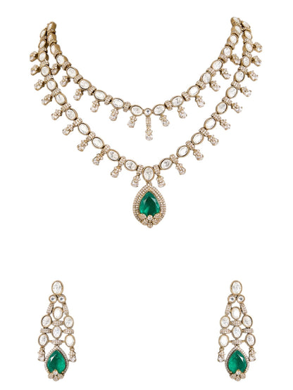Gold Finish Kundan Polki Necklace Set with Emerald Green Drops – Bridal & Festive Jewelry - Auraa Trends - Necklace -  - Auraa Trends - Gold finish Kundan Polki necklace set with emerald green teardrop Indian bridal necklace with green drop and matching earrings Festive Kundan Polki jewelry set with emerald pendant Traditional gold plated necklace set with dangler earrings
