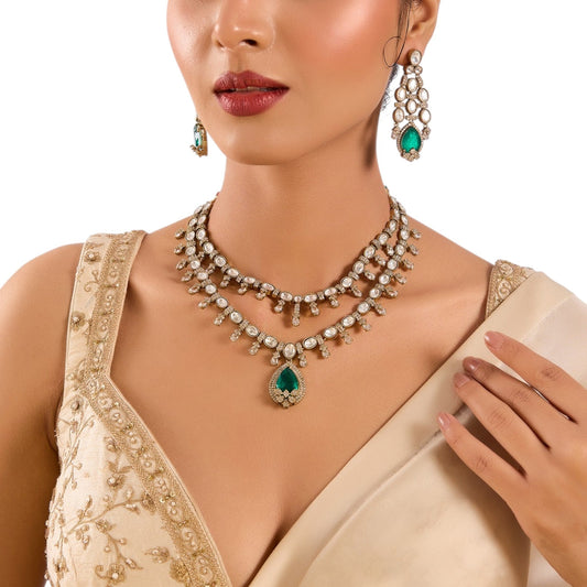 Gold Finish Kundan Polki Necklace Set with Emerald Green Drops – Bridal & Festive Jewelry - Auraa Trends - Necklace -  - Auraa Trends - Gold finish Kundan Polki necklace set with emerald green teardrop Indian bridal necklace with green drop and matching earrings Festive Kundan Polki jewelry set with emerald pendant Traditional gold plated necklace set with dangler earrings
