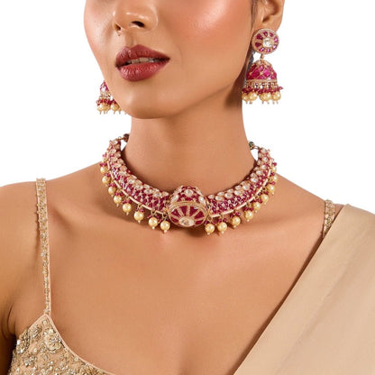 Gold Finish Kundan Polki Necklace Set with Fuchsia Pink Stones – Choker Style Jewelry for Weddings & Festive Wear - Auraa Trends - necklace -  - Auraa Trends - Gold Finish Kundan Polki Necklace Set with Fuchsia Pink Stones – Choker Style Jewelry for Weddings & Festive Wear
