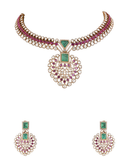 Gold Finish Kundan Polki Necklace Set with Ruby Red Stones – Traditional Pendant Jewelry for Weddings & Festivals - Auraa Trends - Necklace -  - Auraa Trends - Gold Finish Kundan Polki Necklace Set with Ruby Red Stones – Traditional Pendant Jewelry for Weddings & Festivals
