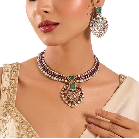 Gold Finish Kundan Polki Necklace Set with Ruby Red Stones – Traditional Pendant Jewelry for Weddings & Festivals - Auraa Trends - Necklace -  - Auraa Trends - Gold Finish Kundan Polki Necklace Set with Ruby Red Stones – Traditional Pendant Jewelry for Weddings & Festivals