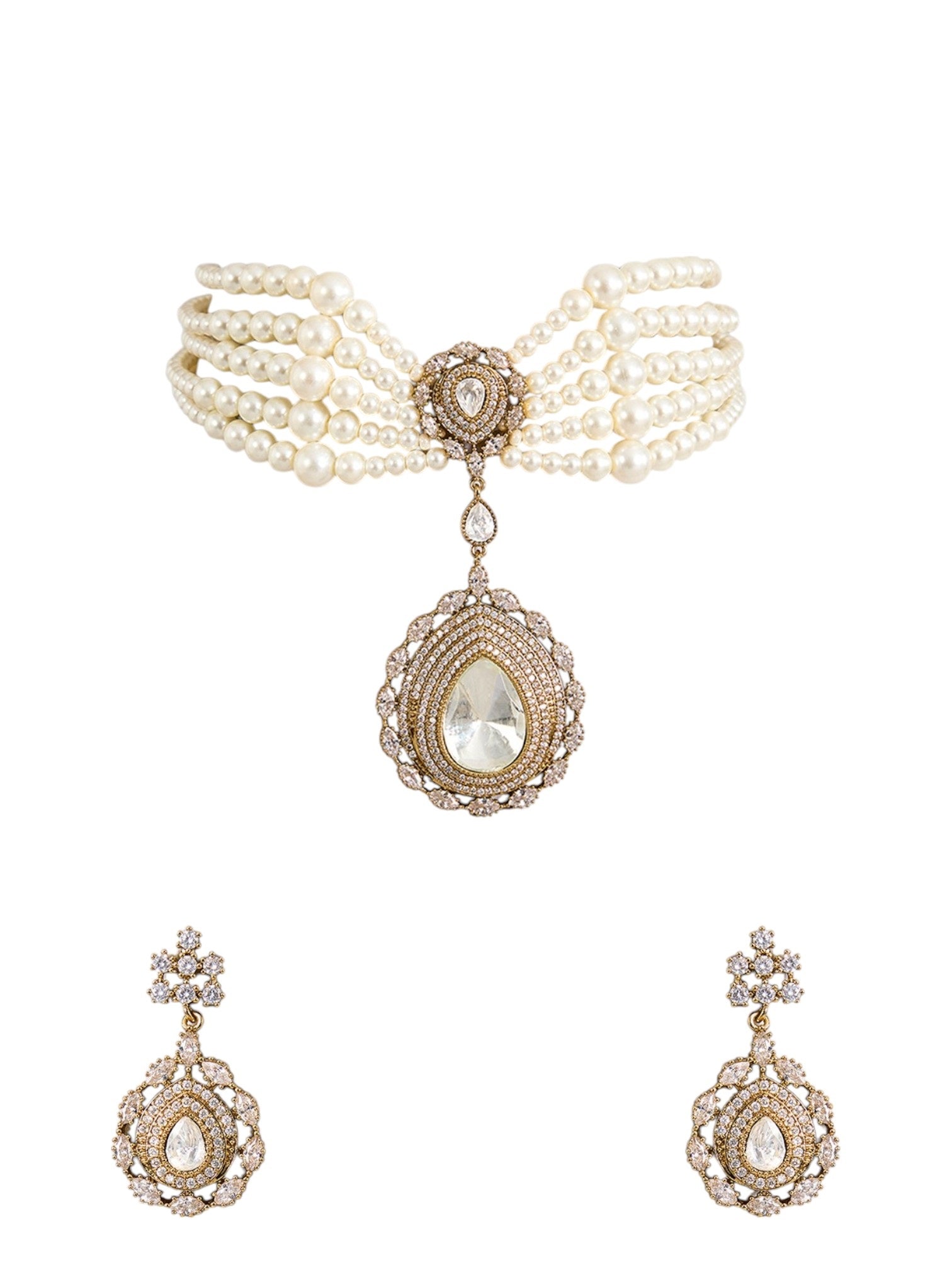 Gold Finish Kundan Polki & Pearl Choker Necklace Set – Indian Bridal Jewelry - Auraa Trends - Necklace -  - Auraa Trends - Gold finish Kundan Polki choker necklace with pearls and crystals Bridal choker necklace set with matching earrings Traditional Indian necklace set with gold plating and pearl accents Ethnic festive choker necklace with Kundan and crystal detailing