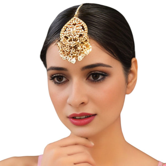 Gold Finish Kundan Polki & Pearl Maangtikka - Auraa Trends - Maangtika - # - Auraa Trends - Gold Finish Kundan Polki & Pearl Maangtikka