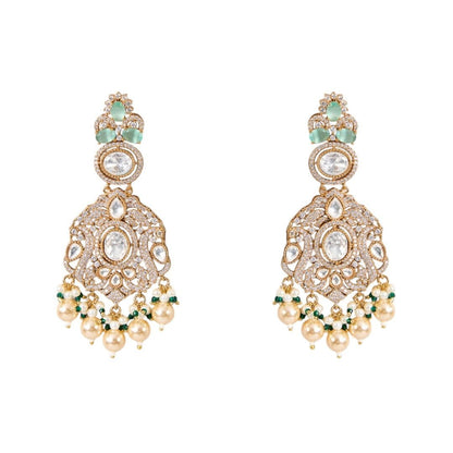 Gold Finish Kundan Polki Pendant Necklace Set with Green Beads – Bridal & Festive Jewelry - Auraa Trends - Necklace -  - Auraa Trends - Gold finish pendant necklace with Kundan Polki and green beads Traditional bridal necklace set with pearls and matching danglers Handcrafted Indian necklace for weddings and festive wear Green beaded necklace set with gold plating and earrings