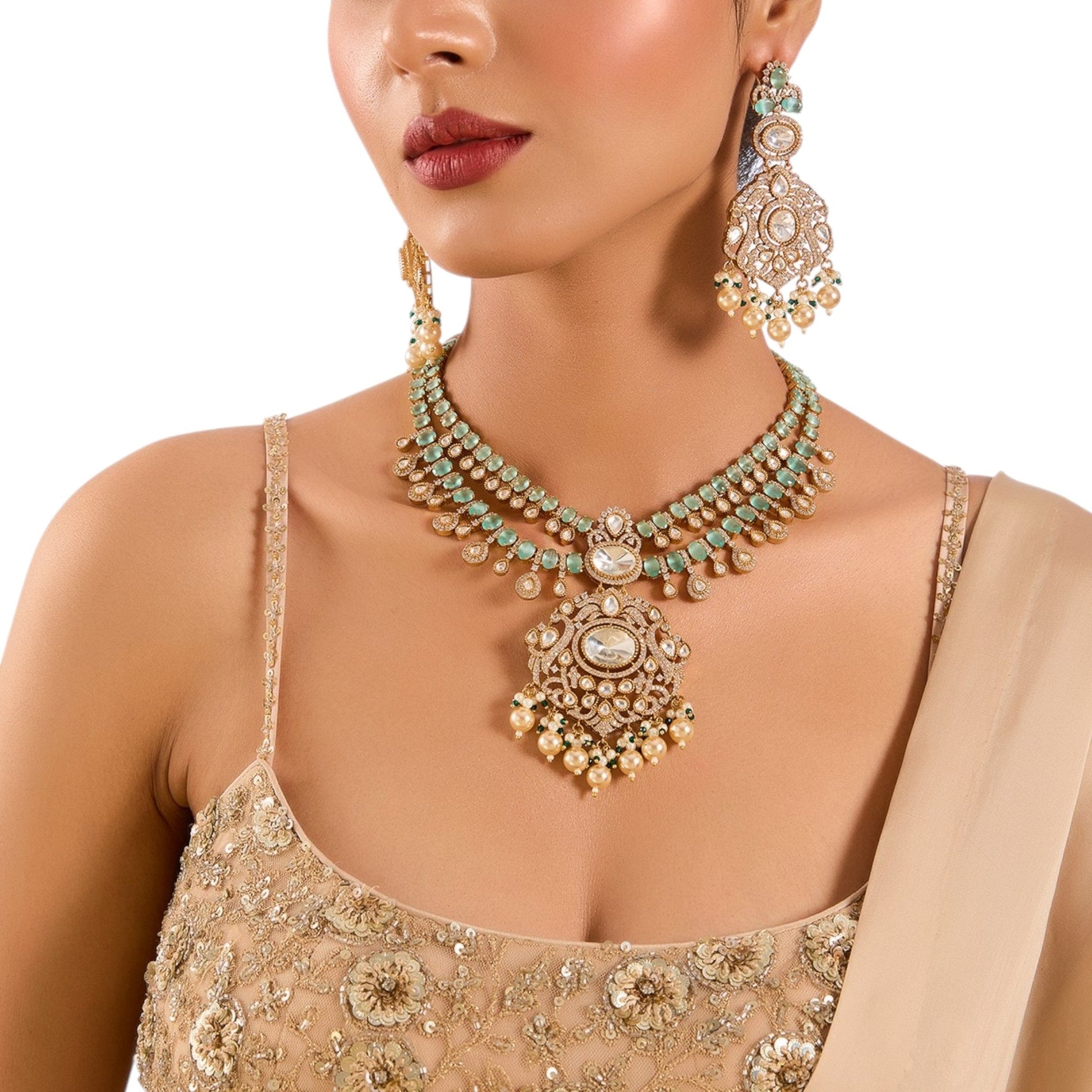 Gold Finish Kundan Polki Pendant Necklace Set with Green Beads – Bridal & Festive Jewelry - Auraa Trends - Necklace -  - Auraa Trends - Gold finish pendant necklace with Kundan Polki and green beads Traditional bridal necklace set with pearls and matching danglers Handcrafted Indian necklace for weddings and festive wear Green beaded necklace set with gold plating and earrings