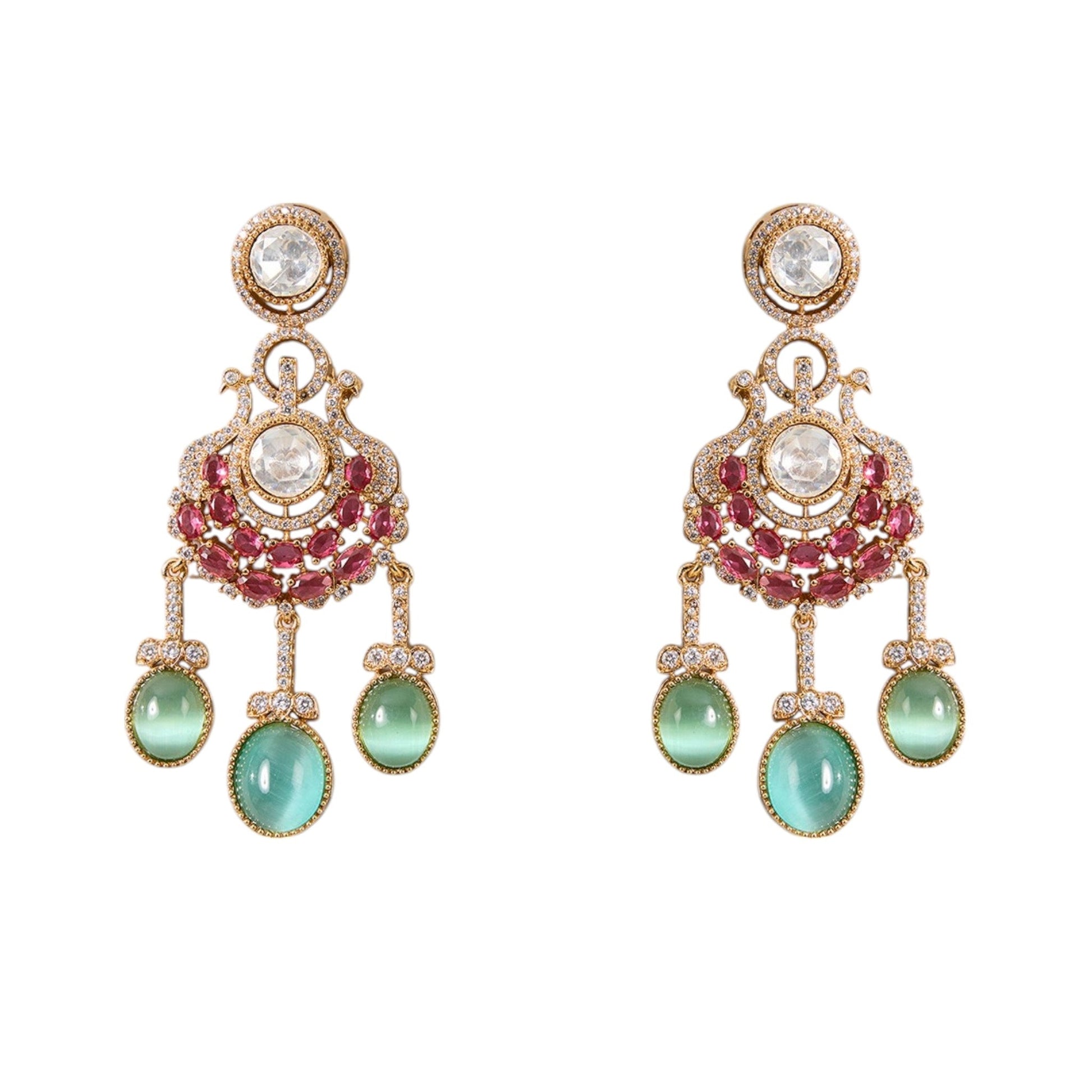 Gold Finish Kundan Polki & Ruby Drop Necklace Set - Auraa Trends - Necklace -  - Auraa Trends - Gold Finish Kundan Polki Necklace with Ruby and Emerald Drops Traditional Necklace Set with Matching Earrings for Weddings Bridal Kundan Necklace Set with Green and Red Gemstone Accents
