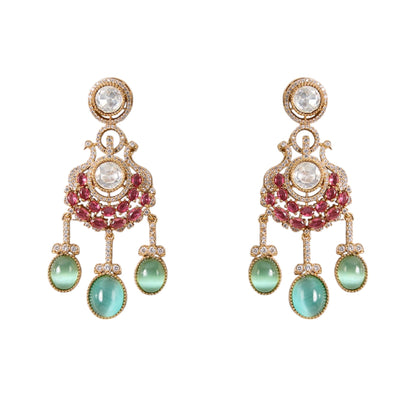Gold Finish Kundan Polki & Ruby Drop Necklace Set - Auraa Trends - Necklace -  - Auraa Trends - Gold Finish Kundan Polki Necklace with Ruby and Emerald Drops Traditional Necklace Set with Matching Earrings for Weddings Bridal Kundan Necklace Set with Green and Red Gemstone Accents
