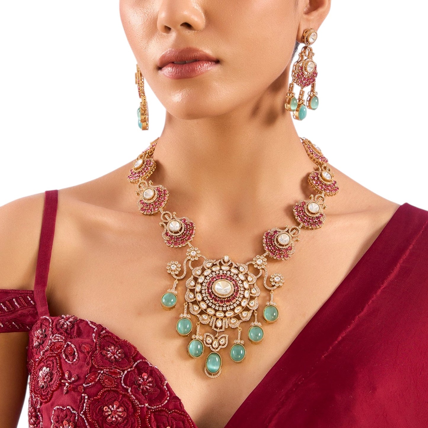 Gold Finish Kundan Polki & Ruby Drop Necklace Set - Auraa Trends - Necklace -  - Auraa Trends - Gold Finish Kundan Polki Necklace with Ruby and Emerald Drops Traditional Necklace Set with Matching Earrings for Weddings Bridal Kundan Necklace Set with Green and Red Gemstone Accents