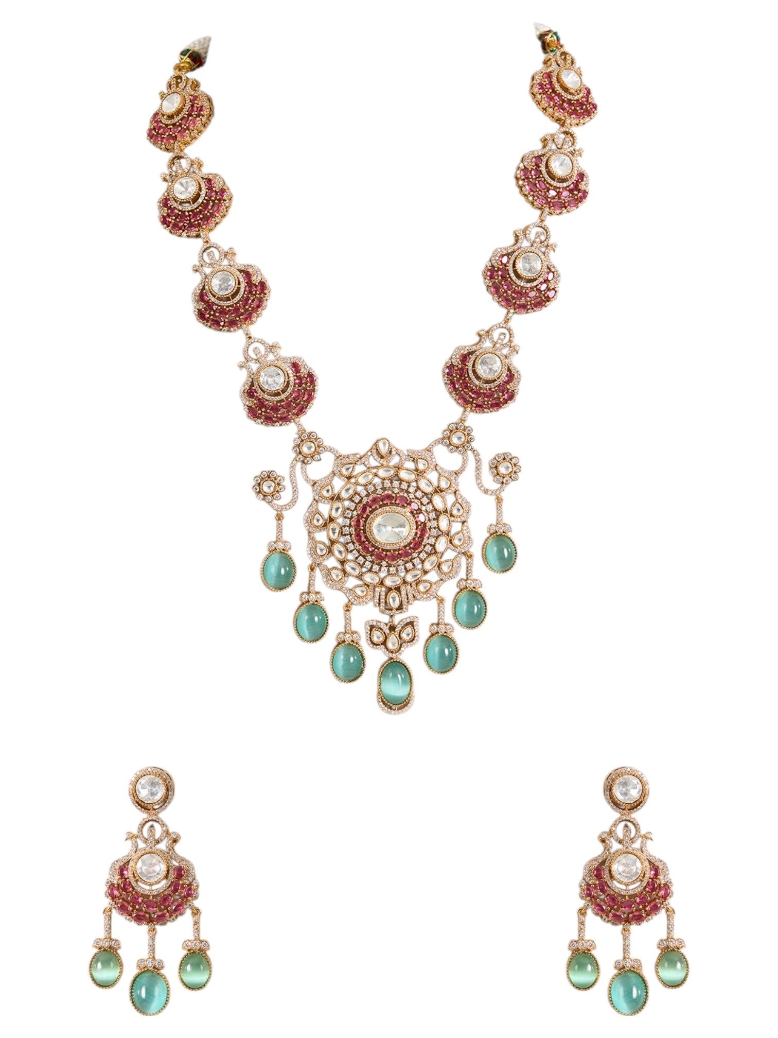 Gold Finish Kundan Polki & Ruby Drop Necklace Set - Auraa Trends - Necklace -  - Auraa Trends - Gold Finish Kundan Polki Necklace with Ruby and Emerald Drops Traditional Necklace Set with Matching Earrings for Weddings Bridal Kundan Necklace Set with Green and Red Gemstone Accents