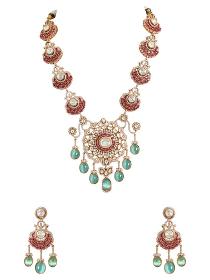 Gold Finish Kundan Polki & Ruby Drop Necklace Set - Auraa Trends - Necklace -  - Auraa Trends - Gold Finish Kundan Polki Necklace with Ruby and Emerald Drops Traditional Necklace Set with Matching Earrings for Weddings Bridal Kundan Necklace Set with Green and Red Gemstone Accents