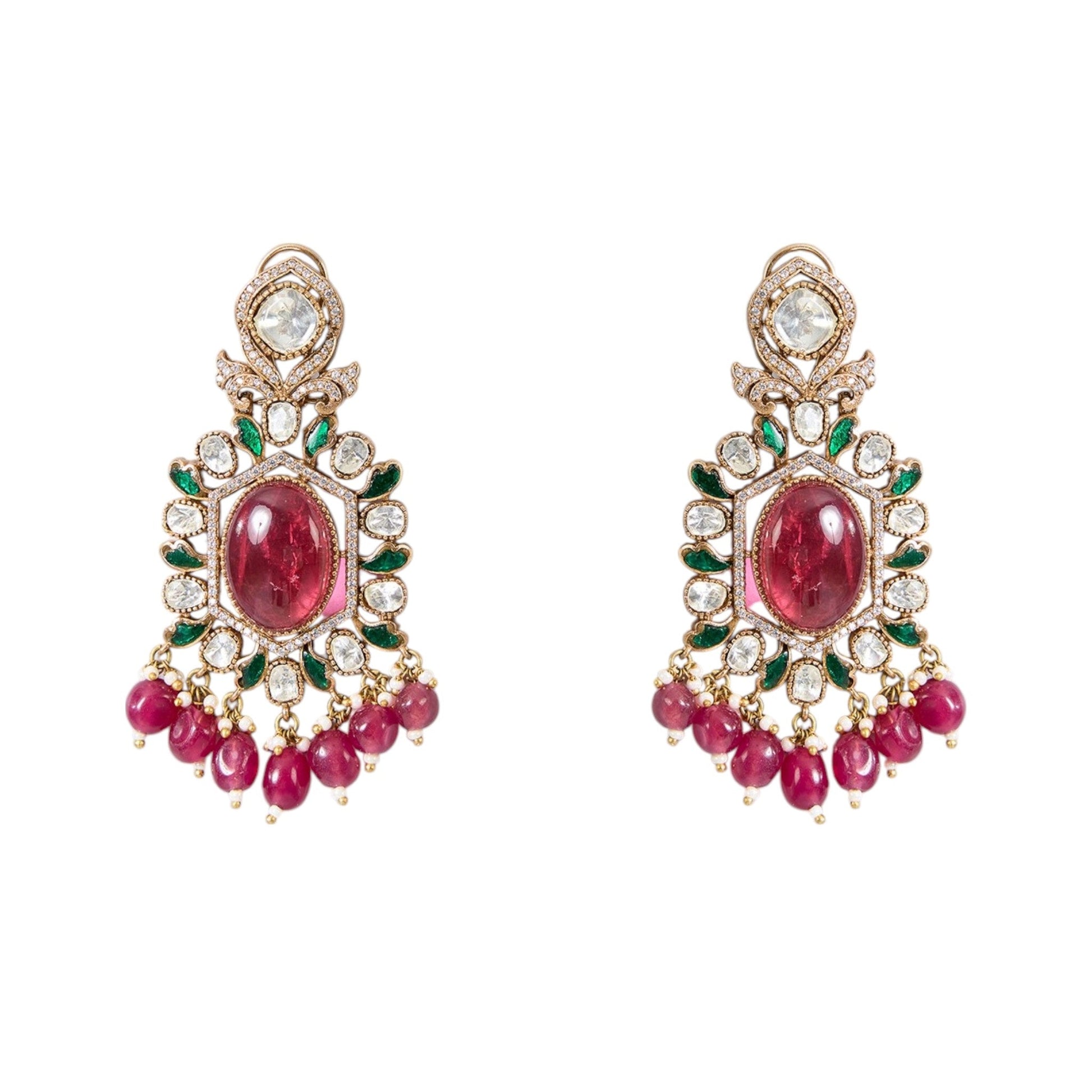 Gold Finish Kundan Polki & Ruby Pink Stone Necklace Set - Auraa Trends - Necklace -  - Auraa Trends - "Gold finish kundan polki necklace with ruby pink stones and matching earrings" "Traditional bridal necklace set with ruby pink stones and gold polish" "Kundan polki necklace and earring set for wedding or festive wear"