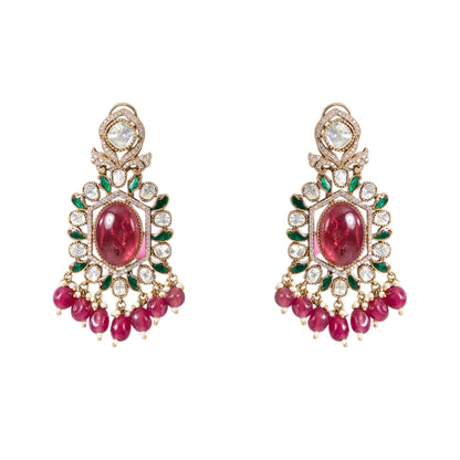 Gold Finish Kundan Polki & Ruby Pink Stone Necklace Set - Auraa Trends - Necklace -  - Auraa Trends - "Gold finish kundan polki necklace with ruby pink stones and matching earrings" "Traditional bridal necklace set with ruby pink stones and gold polish" "Kundan polki necklace and earring set for wedding or festive wear"