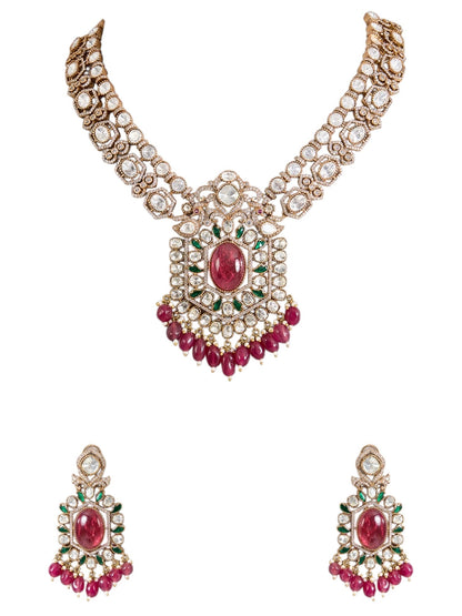 Gold Finish Kundan Polki & Ruby Pink Stone Necklace Set - Auraa Trends - Necklace -  - Auraa Trends - "Gold finish kundan polki necklace with ruby pink stones and matching earrings" "Traditional bridal necklace set with ruby pink stones and gold polish" "Kundan polki necklace and earring set for wedding or festive wear"