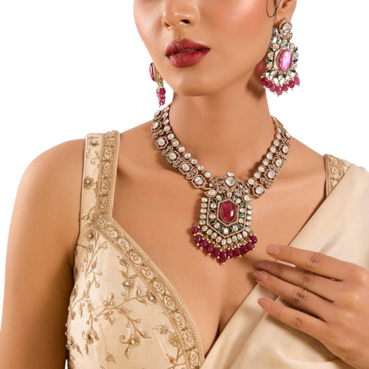 Gold Finish Kundan Polki & Ruby Pink Stone Necklace Set - Auraa Trends - Necklace -  - Auraa Trends - "Gold finish kundan polki necklace with ruby pink stones and matching earrings" "Traditional bridal necklace set with ruby pink stones and gold polish" "Kundan polki necklace and earring set for wedding or festive wear"