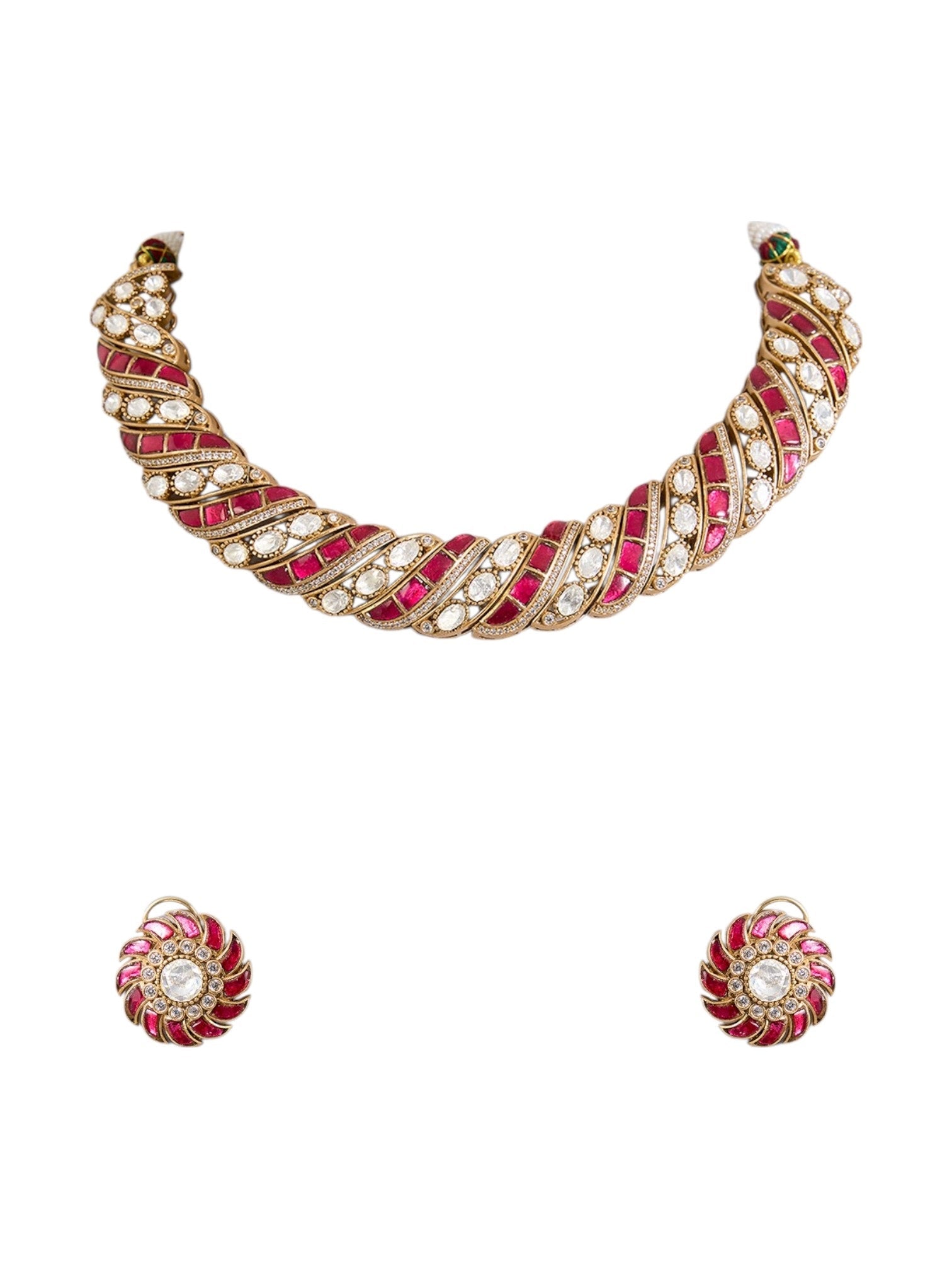 Gold Finish Kundan Polki & Ruby Red Stone Choker Necklace Set - Auraa Trends - Necklace -  - Auraa Trends - Gold finish choker necklace with ruby enamel and kundan stones Twisted ribbon - style kundan polki necklace with red detailing Traditional choker set with matching ruby stud earrings