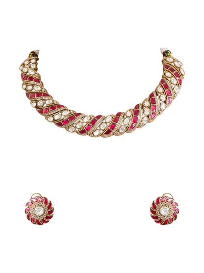 Gold Finish Kundan Polki & Ruby Red Stone Choker Necklace Set - Auraa Trends - Necklace -  - Auraa Trends - Gold finish choker necklace with ruby enamel and kundan stones Twisted ribbon - style kundan polki necklace with red detailing Traditional choker set with matching ruby stud earrings