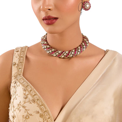 Gold Finish Kundan Polki & Ruby Red Stone Choker Necklace Set - Auraa Trends - Necklace -  - Auraa Trends - Gold finish choker necklace with ruby enamel and kundan stones Twisted ribbon - style kundan polki necklace with red detailing Traditional choker set with matching ruby stud earrings