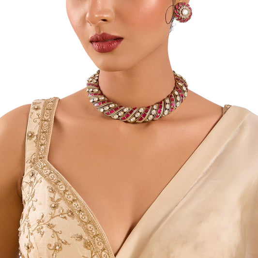 Gold Finish Kundan Polki & Ruby Red Stone Choker Necklace Set - Auraa Trends - Necklace -  - Auraa Trends - Gold finish choker necklace with ruby enamel and kundan stones Twisted ribbon - style kundan polki necklace with red detailing Traditional choker set with matching ruby stud earrings