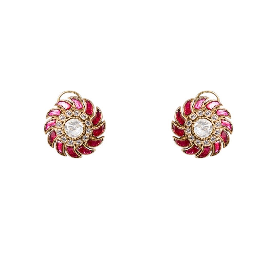 Gold Finish Kundan Polki & Ruby Red Stone Choker Necklace Set - Auraa Trends - Necklace -  - Auraa Trends - Gold finish choker necklace with ruby enamel and kundan stones Twisted ribbon - style kundan polki necklace with red detailing Traditional choker set with matching ruby stud earrings
