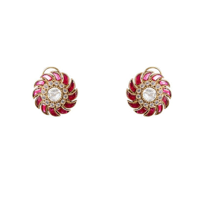 Gold Finish Kundan Polki & Ruby Red Stone Choker Necklace Set - Auraa Trends - Necklace -  - Auraa Trends - Gold finish choker necklace with ruby enamel and kundan stones Twisted ribbon - style kundan polki necklace with red detailing Traditional choker set with matching ruby stud earrings
