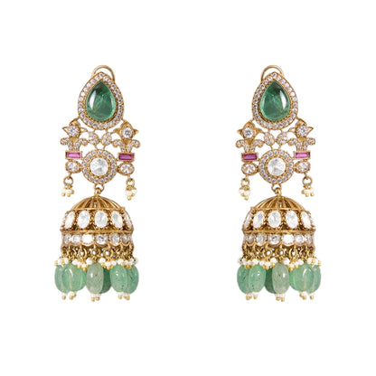 Gold Finish Kundan Polki & Soft Green Drop Choker Necklace Set - Auraa Trends - Necklace -  - Auraa Trends - Gold Finish Choker Necklace with Kundan Polki and Soft Green Drops Traditional Kundan Polki Necklace Set for Festive Occasions Bridal Choker Necklace with Green Stone Drops and Earrings Ethnic Necklace Set for Women – Gold Finish with Soft Green Accents