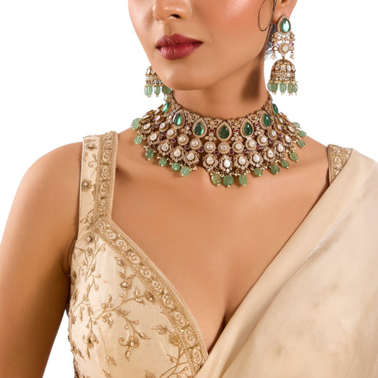 Gold Finish Kundan Polki & Soft Green Drop Choker Necklace Set - Auraa Trends - Necklace -  - Auraa Trends - Gold Finish Choker Necklace with Kundan Polki and Soft Green Drops Traditional Kundan Polki Necklace Set for Festive Occasions Bridal Choker Necklace with Green Stone Drops and Earrings Ethnic Necklace Set for Women – Gold Finish with Soft Green Accents
