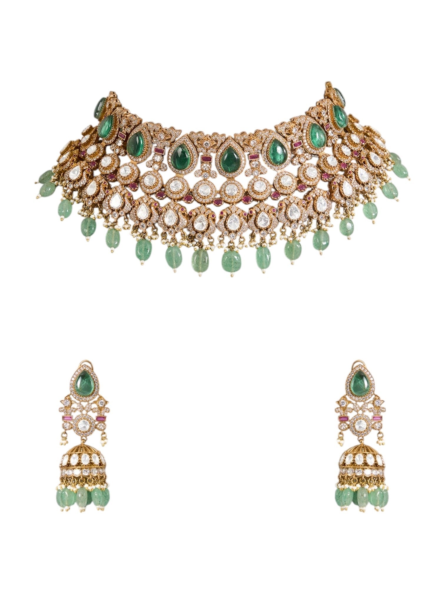 Gold Finish Kundan Polki & Soft Green Drop Choker Necklace Set - Auraa Trends - Necklace -  - Auraa Trends - Gold Finish Choker Necklace with Kundan Polki and Soft Green Drops Traditional Kundan Polki Necklace Set for Festive Occasions Bridal Choker Necklace with Green Stone Drops and Earrings Ethnic Necklace Set for Women – Gold Finish with Soft Green Accents