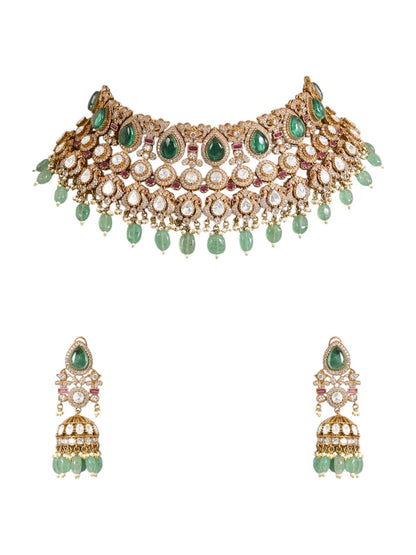Gold Finish Kundan Polki & Soft Green Drop Choker Necklace Set - Auraa Trends - Necklace -  - Auraa Trends - Gold Finish Choker Necklace with Kundan Polki and Soft Green Drops Traditional Kundan Polki Necklace Set for Festive Occasions Bridal Choker Necklace with Green Stone Drops and Earrings Ethnic Necklace Set for Women – Gold Finish with Soft Green Accents