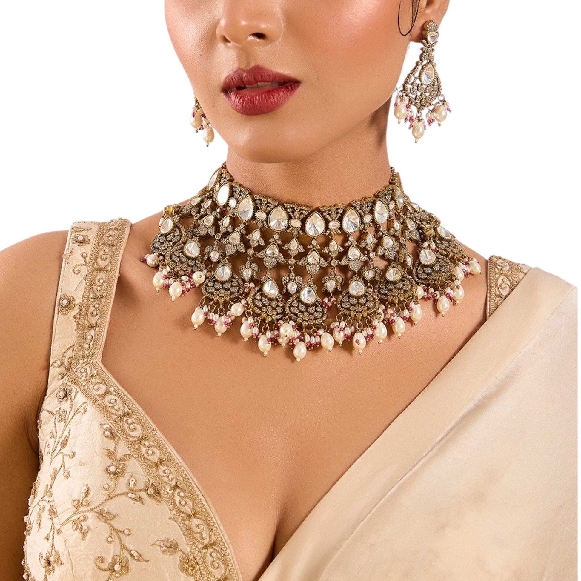 Gold Finish Kundan Polki & Soft Pink Beaded Layered Choker Necklace Set - Auraa Trends - Necklace -  - Auraa Trends - Gold finish layered choker necklace with kundan polki and soft pink beads, paired with matching dangler earrings – bridal and festive jewelry set