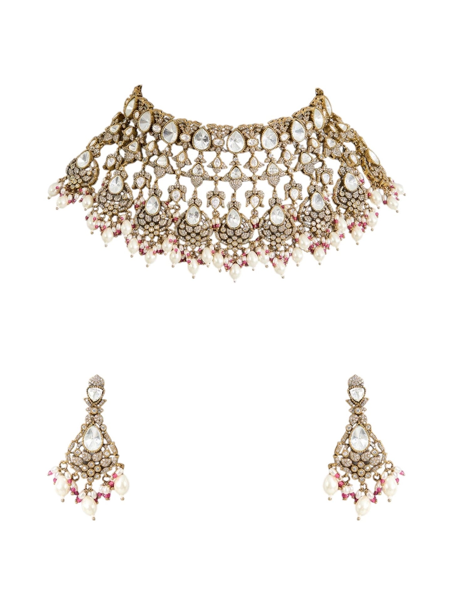 Gold Finish Kundan Polki & Soft Pink Beaded Layered Choker Necklace Set - Auraa Trends - Necklace -  - Auraa Trends - Gold finish layered choker necklace with kundan polki and soft pink beads, paired with matching dangler earrings – bridal and festive jewelry set