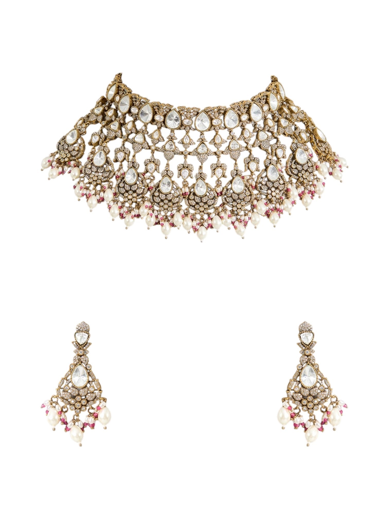 Gold Finish Kundan Polki & Soft Pink Beaded Layered Choker Necklace Set - Auraa Trends - Necklace -  - Auraa Trends - Gold finish layered choker necklace with kundan polki and soft pink beads, paired with matching dangler earrings – bridal and festive jewelry set