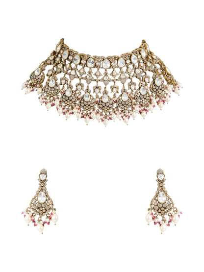 Gold Finish Kundan Polki & Soft Pink Beaded Layered Choker Necklace Set - Auraa Trends - Necklace -  - Auraa Trends - Gold finish layered choker necklace with kundan polki and soft pink beads, paired with matching dangler earrings – bridal and festive jewelry set