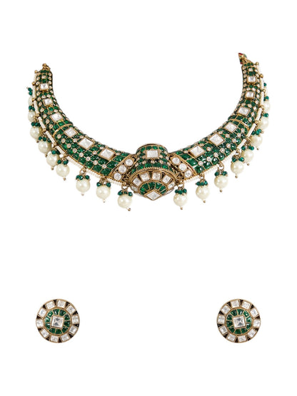 Gold Finish Kundan Stone Choker Necklace Set with Emerald Enamel Detailing - Auraa Trends - Necklace -  - Auraa Trends - Gold Finish Emerald Enameled Kundan Choker Necklace Set Pearl - Cut Kundan Stone Necklace with Matching Earrings Traditional Indian Choker Necklace with Emerald Enamel Bridal Festive Wear Kundan Choker Set for Women
