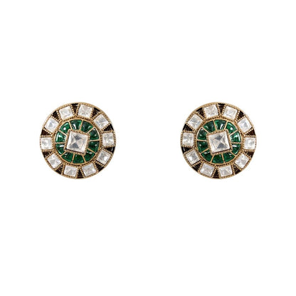 Gold Finish Kundan Stone Choker Necklace Set with Emerald Enamel Detailing - Auraa Trends - Necklace -  - Auraa Trends - Gold Finish Emerald Enameled Kundan Choker Necklace Set Pearl - Cut Kundan Stone Necklace with Matching Earrings Traditional Indian Choker Necklace with Emerald Enamel Bridal Festive Wear Kundan Choker Set for Women