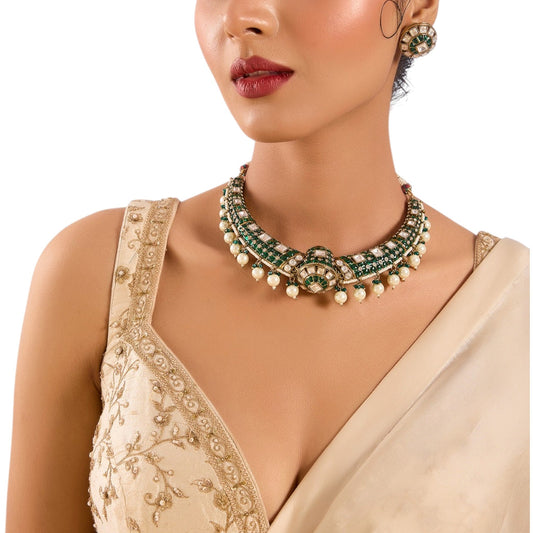 Gold Finish Kundan Stone Choker Necklace Set with Emerald Enamel Detailing - Auraa Trends - Necklace -  - Auraa Trends - Gold Finish Emerald Enameled Kundan Choker Necklace Set Pearl - Cut Kundan Stone Necklace with Matching Earrings Traditional Indian Choker Necklace with Emerald Enamel Bridal Festive Wear Kundan Choker Set for Women