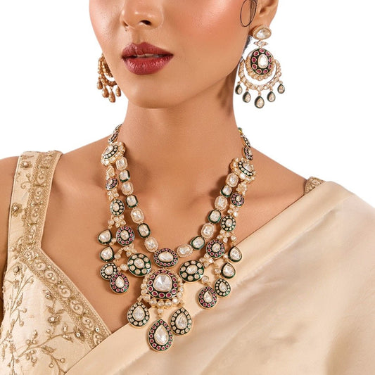 Gold Finish Kundan Stone Layered Necklace Set - Auraa Trends - Necklace -  - Auraa Trends - Gold Finish Kundan Stone Layered Necklace Set