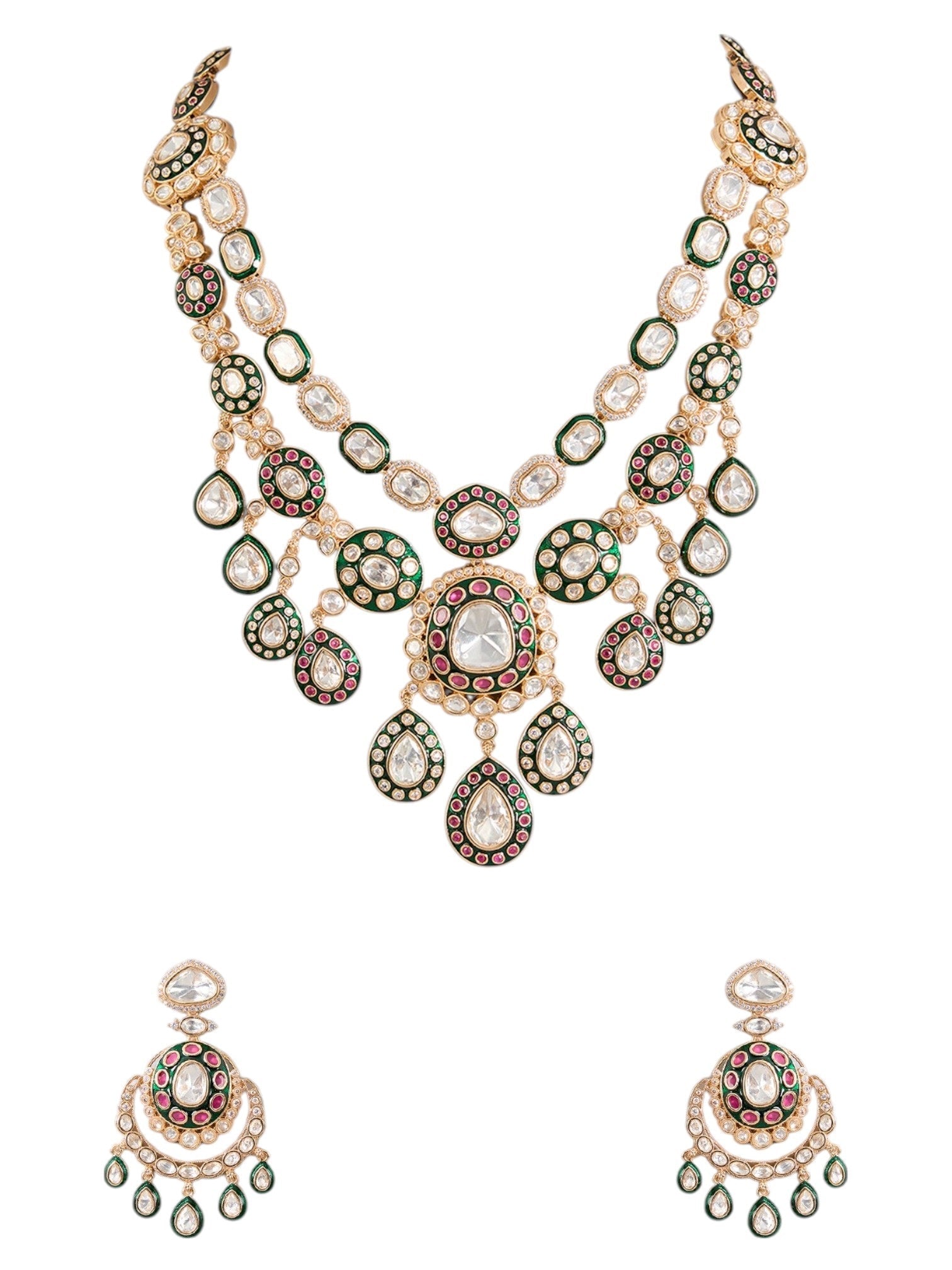 Gold Finish Kundan Stone Layered Necklace Set - Auraa Trends - Necklace -  - Auraa Trends - Gold Finish Kundan Stone Layered Necklace Set