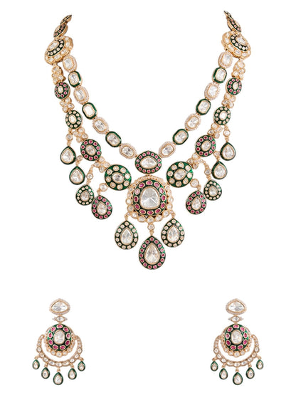 Gold Finish Kundan Stone Layered Necklace Set - Auraa Trends - Necklace -  - Auraa Trends - Gold Finish Kundan Stone Layered Necklace Set